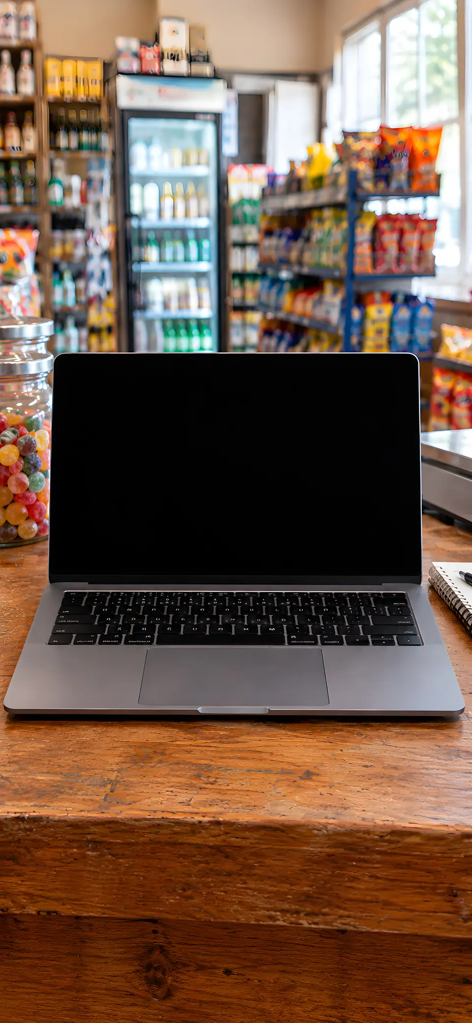 Mostrador de madera de un almacén de barrio de día, con una notebook abierta, frascos de caramelos, una balanza y un cuaderno; detrás, estanterías y una heladera con mercadería.